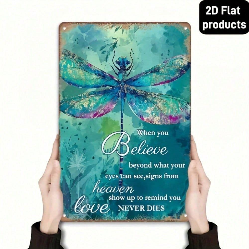 Metal Wall Art Poster, Dragonfly When You Believe, Gold Turquoise Inspirational Decor