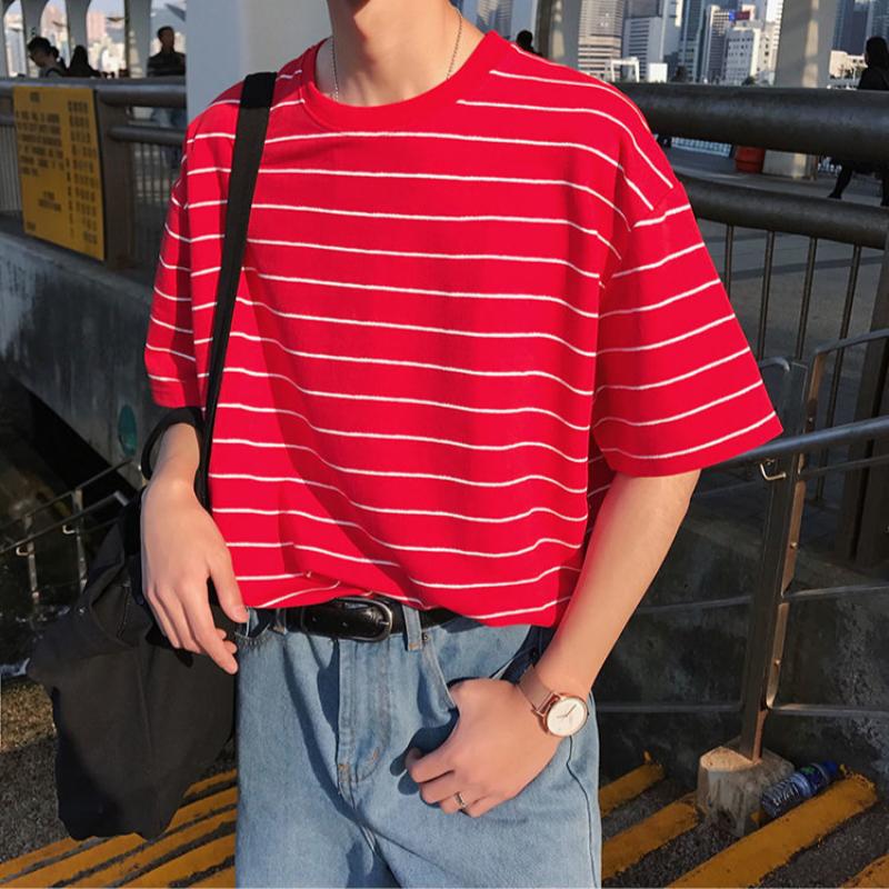 WTEMPO Brand Summer Men's Striped Short Sleeve Top Loose and Simple Fashion Short Sleeve T-shirt Youth Trend Round Neck Pullover Tops