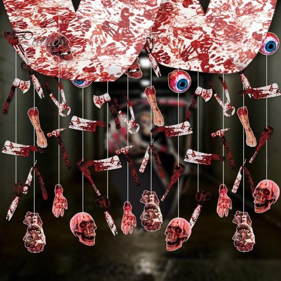 Halloween Horror Hanging Decorations Bleeding Body Parts Decor, Creepy Eyeball Skeleton Haunted House Scary Props Door Curtain for House, Spooky Room
