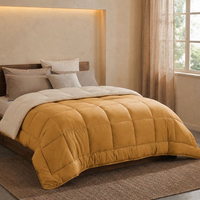 CALGARY - Couette Chaude Microfibre - 400gr/m² - Miel & Galet - 200 x 200 cm