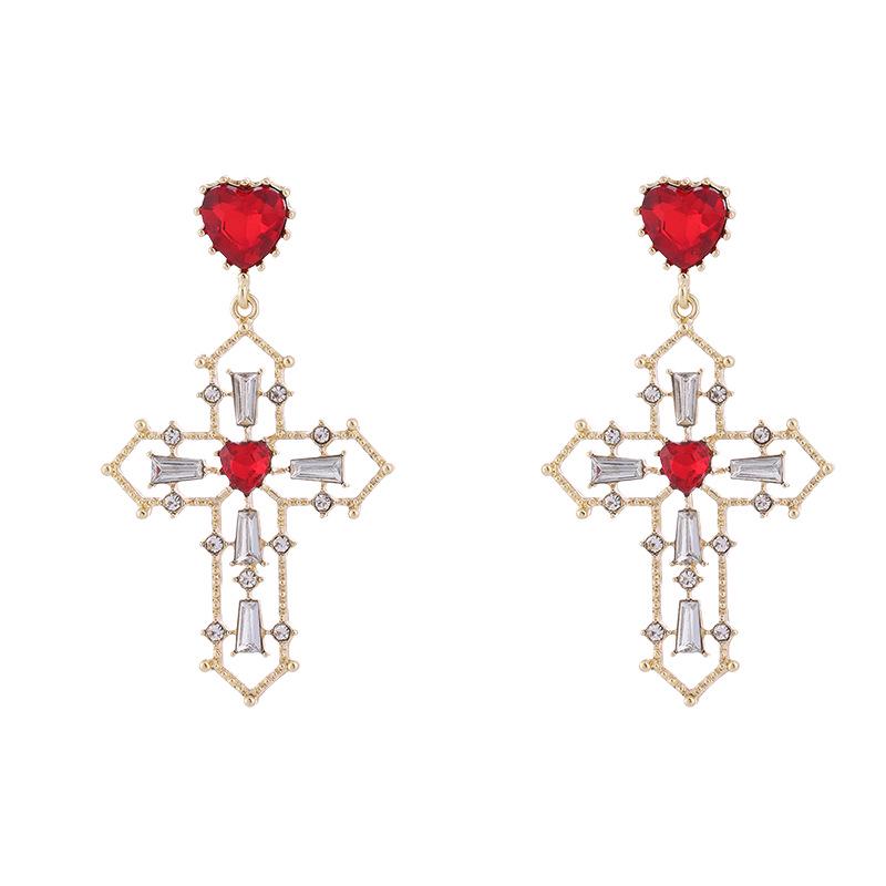 S925 Silver Cross Hollow Earrings with Inlaid Diamonds