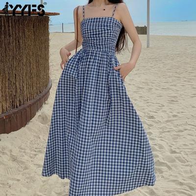 Women's Fashion Summer Spring Plaid Print Sleeveless High Waist Casual Dresses