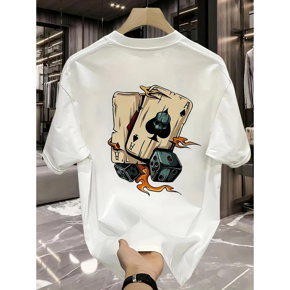 Men's Summer 100% Pure Cotton Fashionable Casual Loose Creative Poker and Dice Printed Sports Round Neck Short Sleeved T-shirt