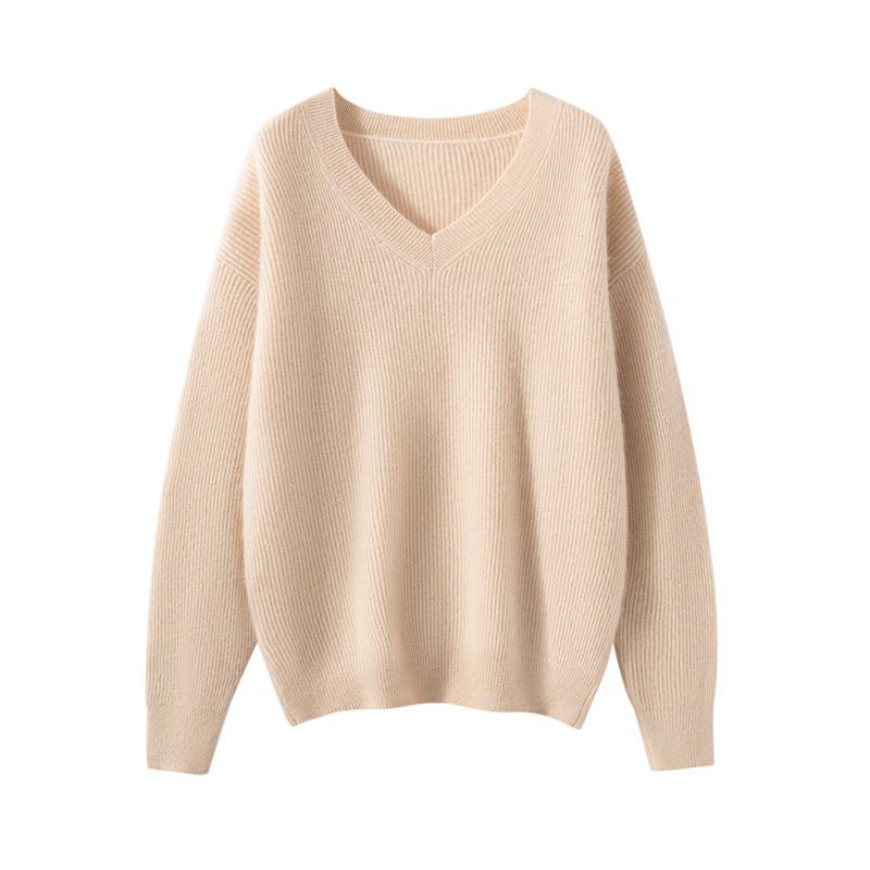 Women's V-Neck Loose Cashmere Pullover - Soft, Skin-Friendly, Fashionable Slim-Fit Knit Sweater