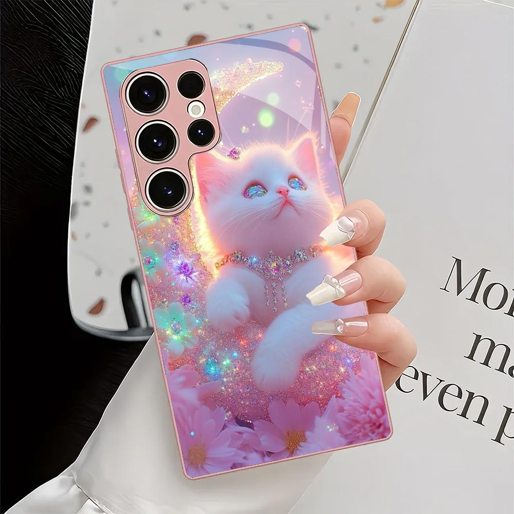 Cute cat pattern glass phone case suitable for Samsung Galaxy S26 S25 S24 S23 S22 S20 FE/Ultra/Plus shockproof back cover