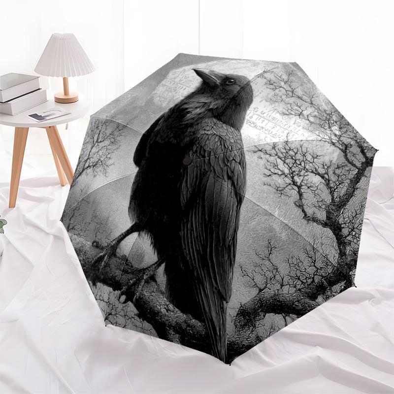 1 PC Automatic Folding Umbrella - Raven Pattern, Portable & Foldable Design with 8 Ribs, Christmas Birthday Gifts