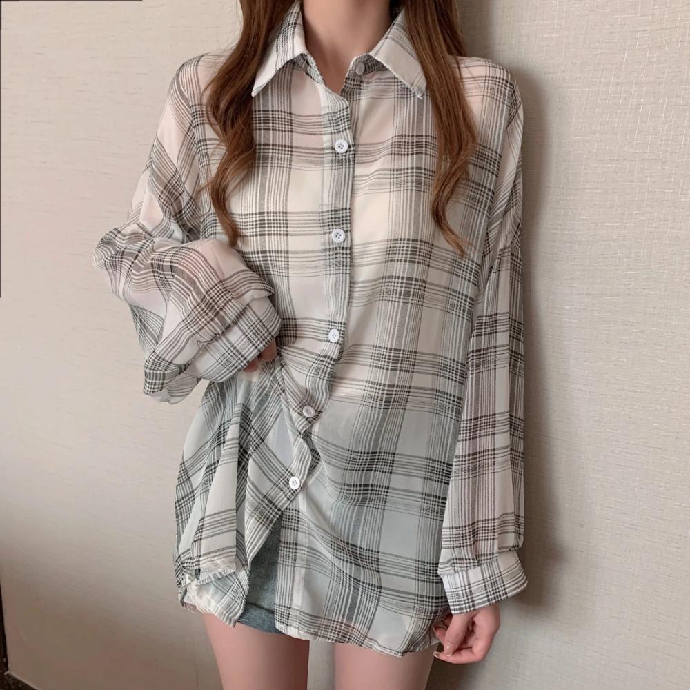 Cămașă Plaid din Șifon Transparent pentru Femei Mărimi Mari cu Guler și Nasturi Bluză de Vară Lejeră Casual