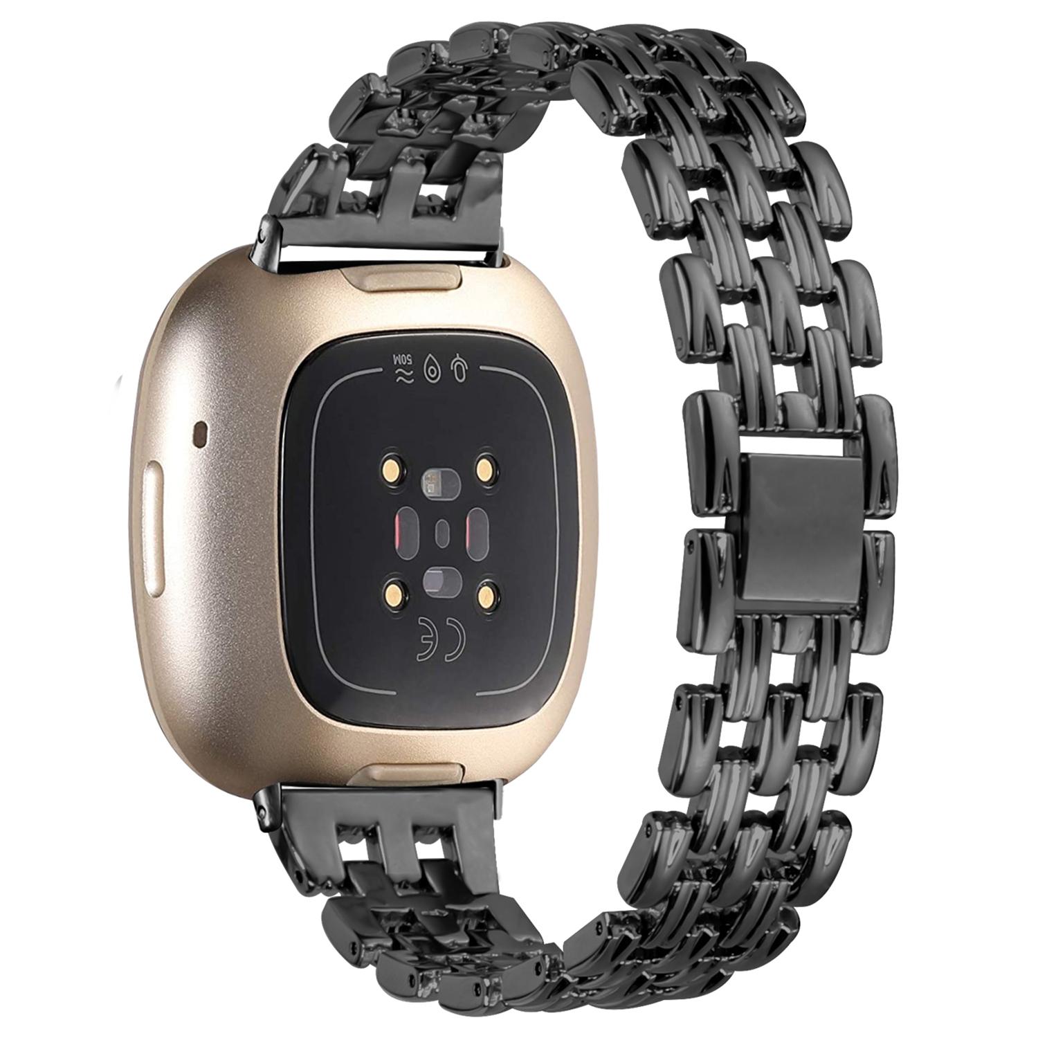 

For Fitbit Versa 4/Sense 2 Stainless Steel Replacement Strap Hollow 5 Beads Metal Watch Band Black