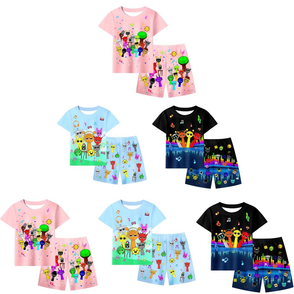 Conjunto de Pijama de Verano con Estampado Sprunki para Niños y Niñas de Algodón Casual Dibujos Animados Traje de Dos Piezas para Estar en Casa para Niños