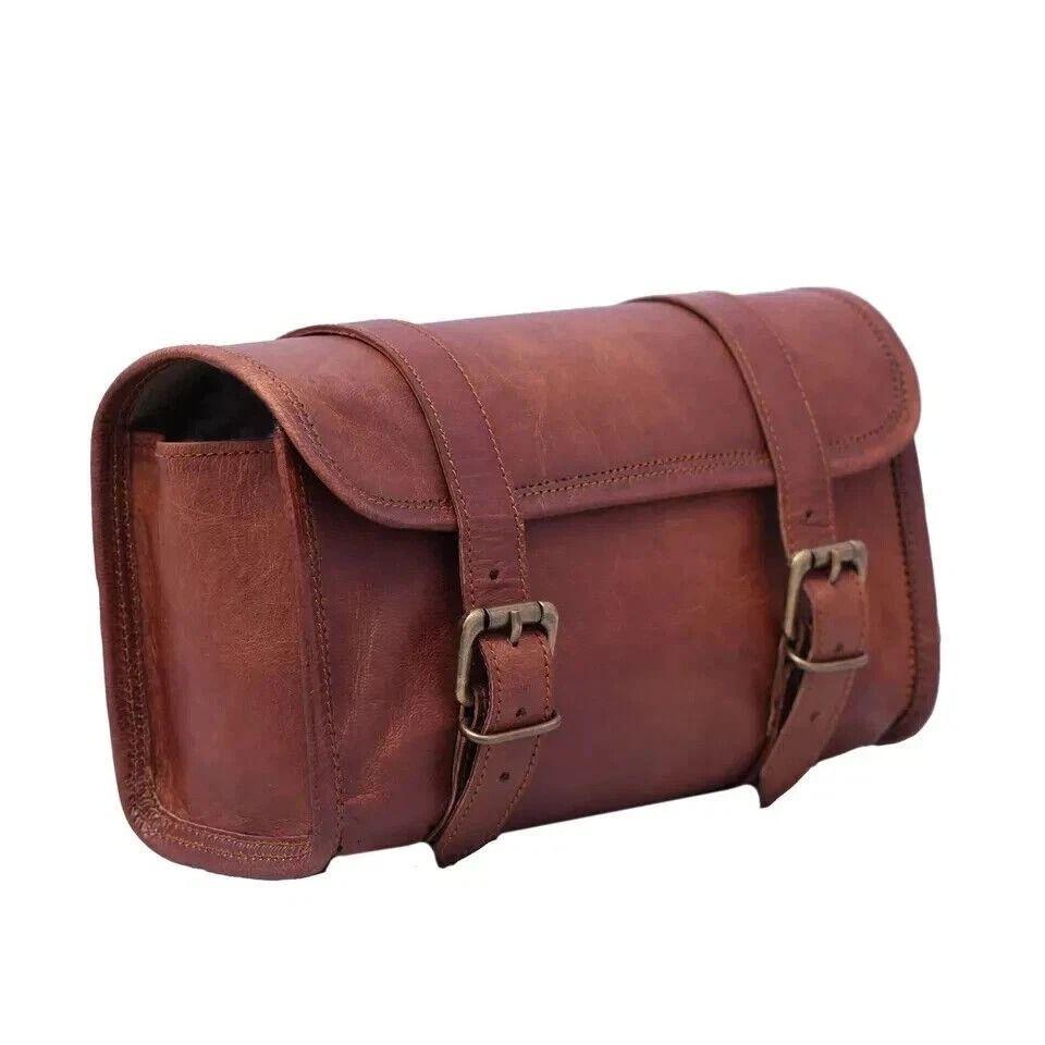 Goat Leather Motorcycle Strap Buckle Closure Tool Bag Genuine Vintage Brown Best