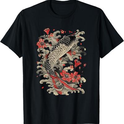 Koi Carp & Cherry Blossom_ Nishikigoi Fish Design T-Shirt(4)