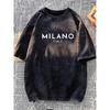 Europäische Größen Herren Vintage Washed T-Shirt mit "MILANO ITALIA" Aufdruck | Weich, Atmungsaktiv, Locker geschnittenes Kurzarm-Rundhals-T-Shirt für Lässige Streetwear