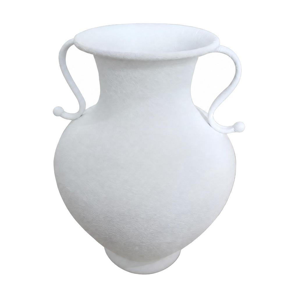 White Iron Vase with Handles Sturdy Bulbous Pedestal Textured Centerpiece