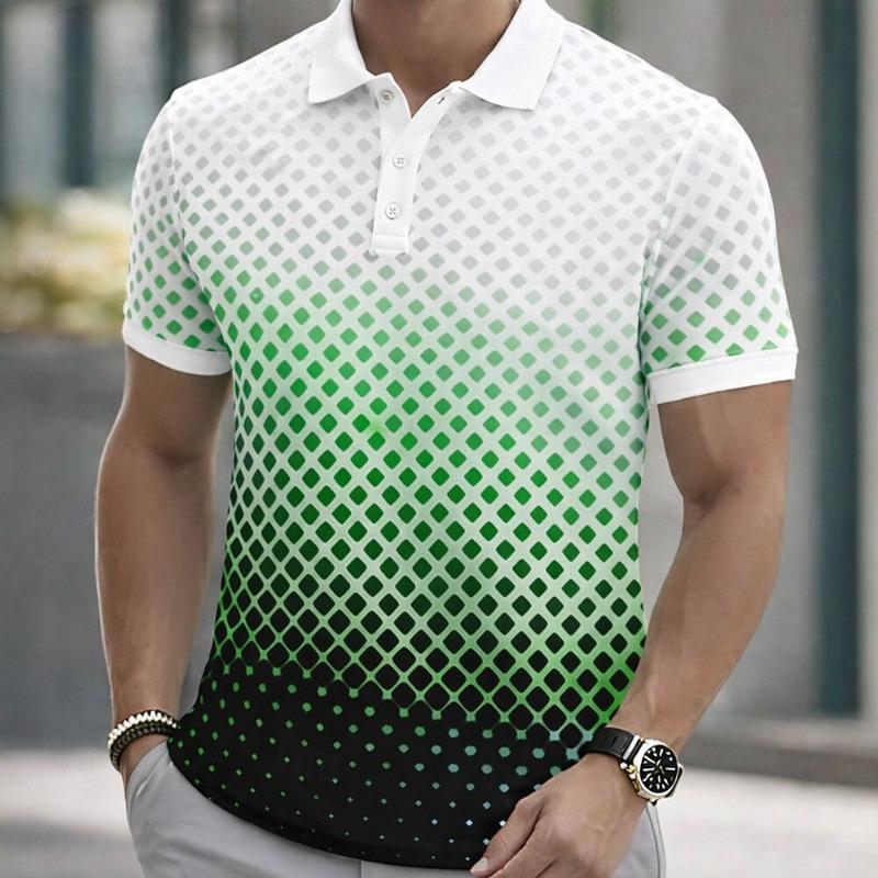 Modern Diamond Grid Polo Shirt Men Gradient Halftone Graphic Short Sleeve Tops Summer Fit Casual Male Polo New Men Clothing