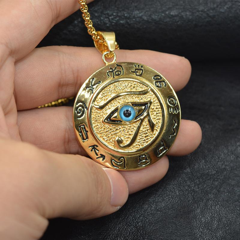 Hip Hop Altes Ägypten Runde Schmuckstücke Collares Goldfarbe Edelstahlkette Ägyptisches Auge des Horus Halsketten & Anhänger