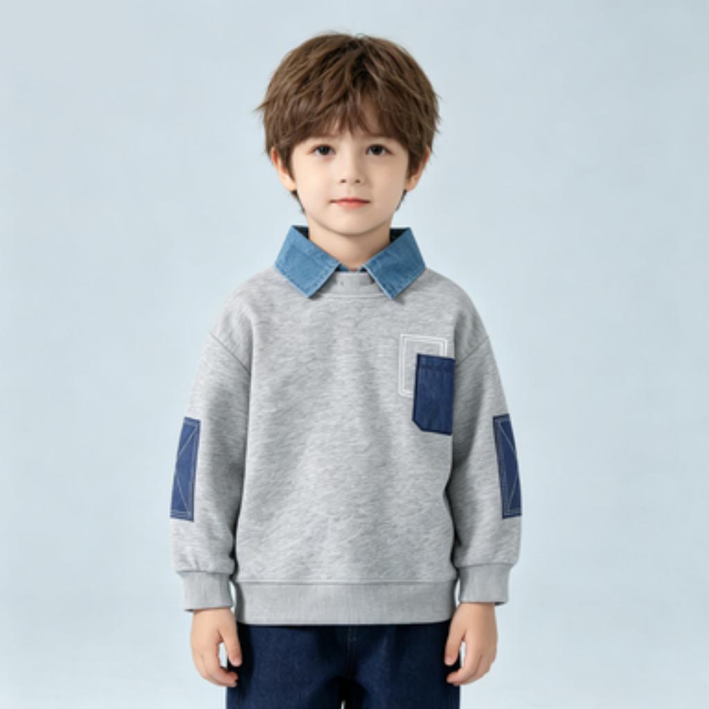 Boys' Spring Sweatshirt with Sleeve Patches - Fake Two-Piece Casual Jacket for Everyday Wear