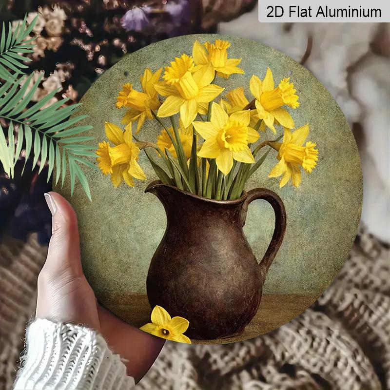 2D Flat Aluminum Retro Daffodil Wall Art Rustic Country Style 7.87 Inches X 7.87 Inches Perfect for Gardens, Farmhouses, Cafes, Living Rooms
