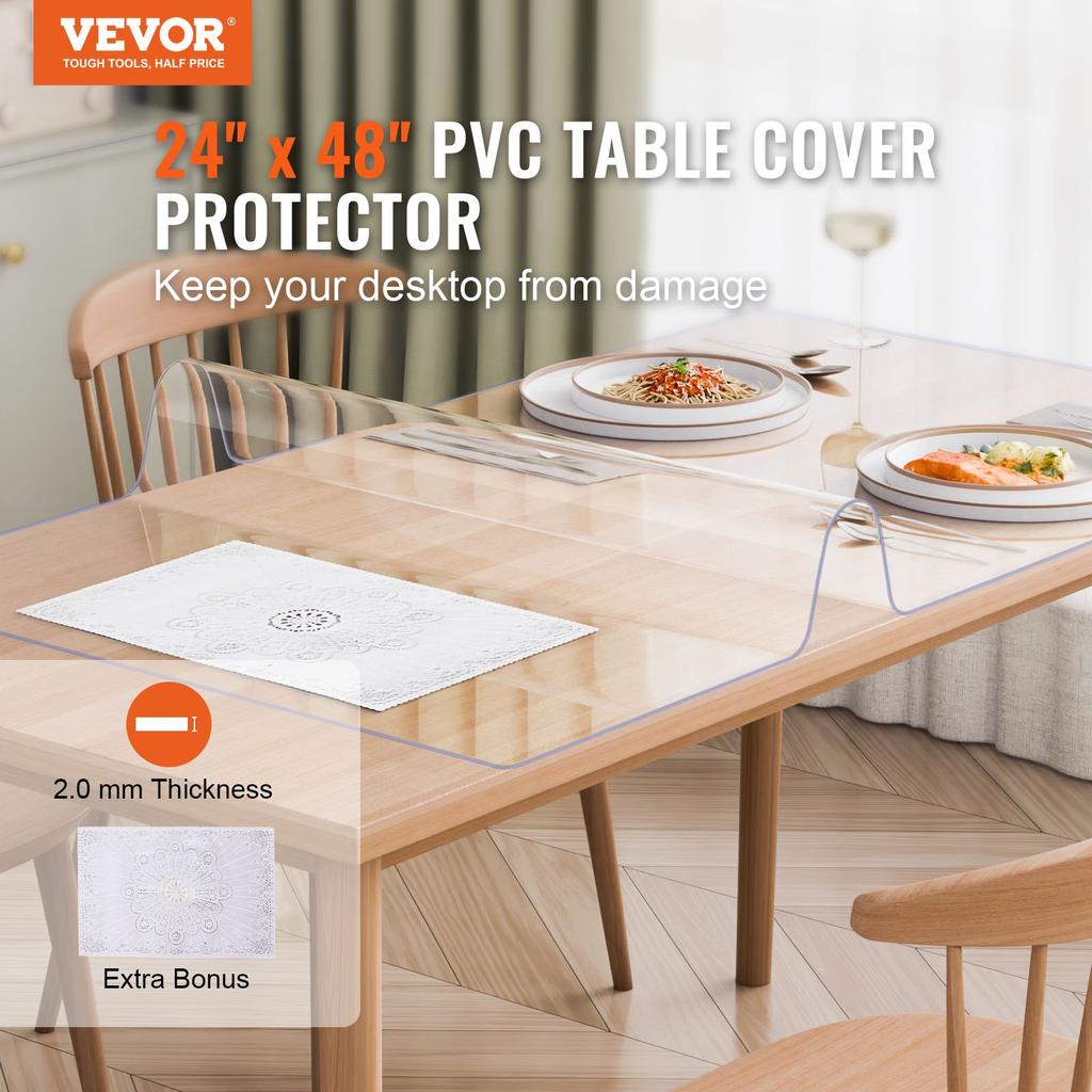 VEVOR Plastic Table Cover, 24 x 48 Inch 2.0 mm Thick Clear Table Protector, Rectangle PVC Desk Mat
