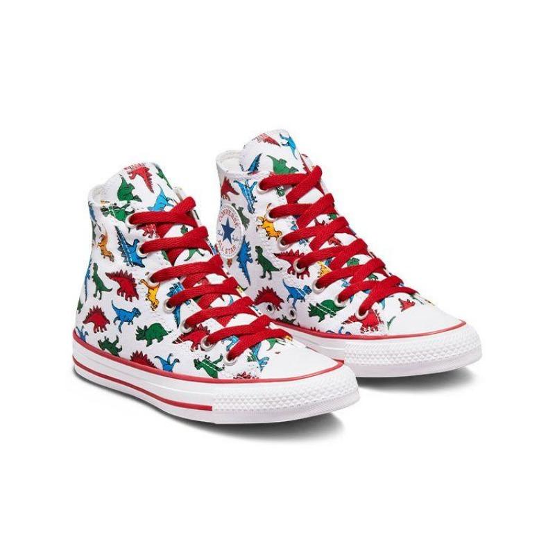 Converse Buty All Star Teen High płócienne z nadrukiem dinozaura Odporne na ścieranie Białe A01668C