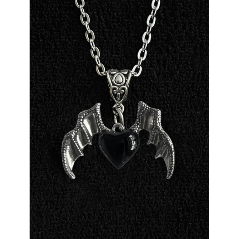 Gothic Punk Heart Pendant Necklace with Demon Wings