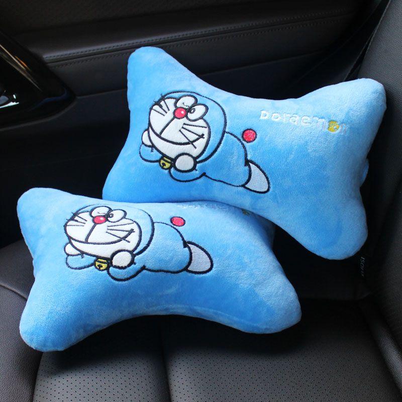 New Doraemon Cute Plush Headrest Car 2-In-1 Pillow By Car Waist Neck Pillow Steering Wheel Cover Decoration Accessories Gift
