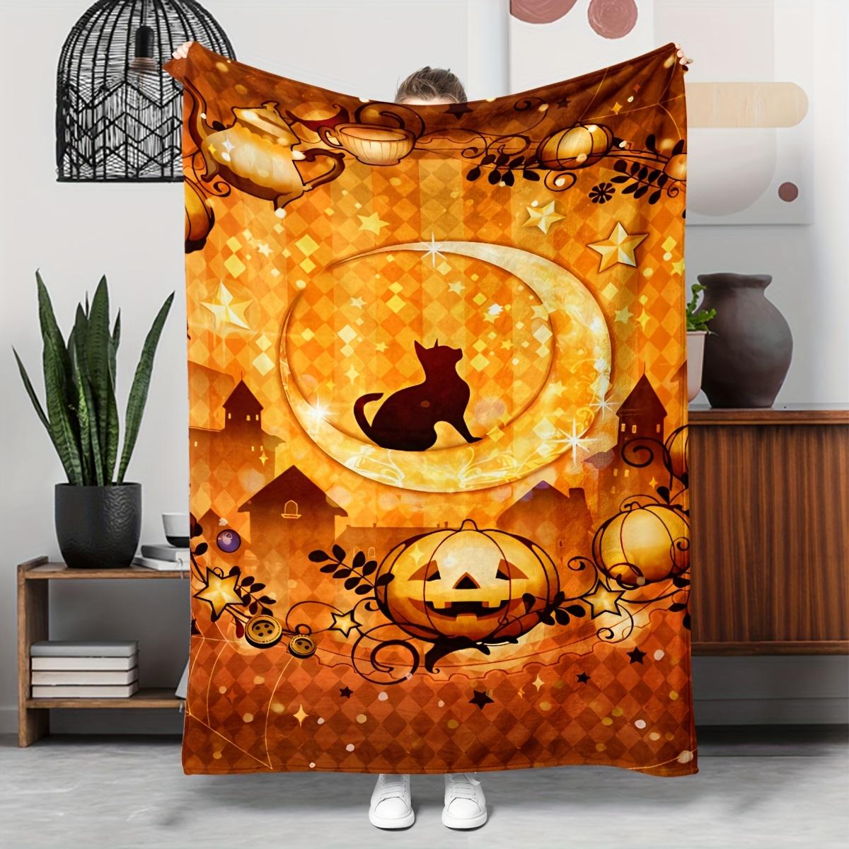 

1pc Pumpkin black cat and moon pattern blanket polyester fabric machine washable suitable for bedroom and living room 75x100cm