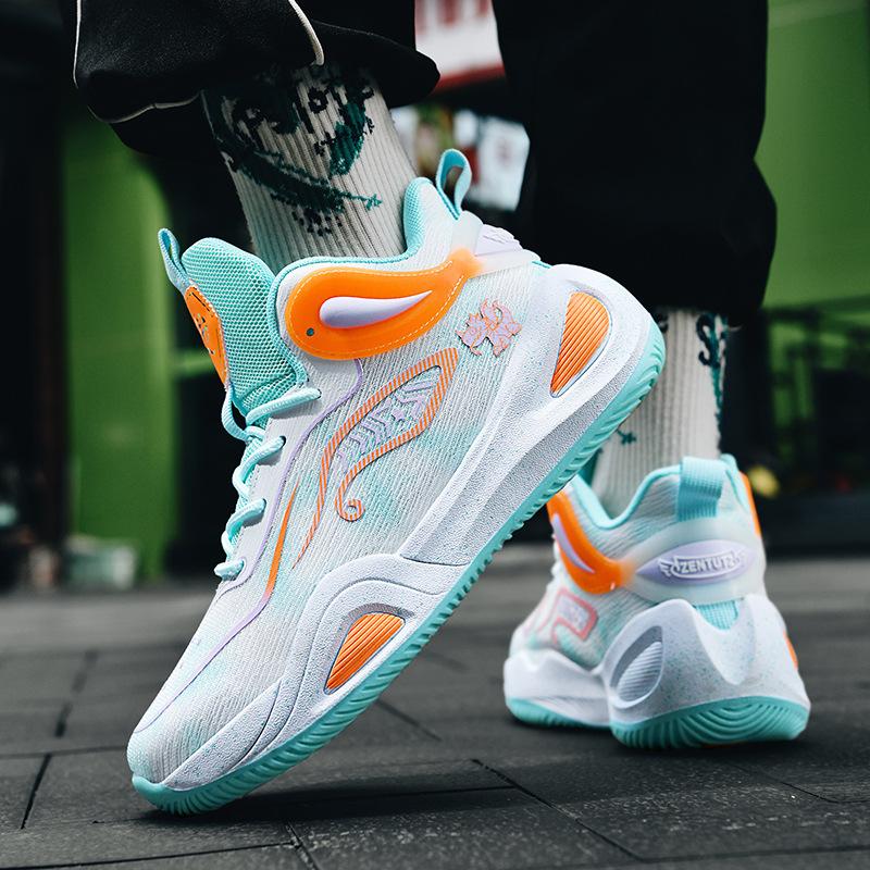 A pair of delivery basketball shoes men's mesh boots mandarin duck color scheme middle school students sneakers cement floor sneakers women