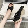 2025 Summer New Slope Heel Cool Slippers Women's Woven Hemp Rope Versatile Suede High Heel Outer Wear One-word Slippers Women