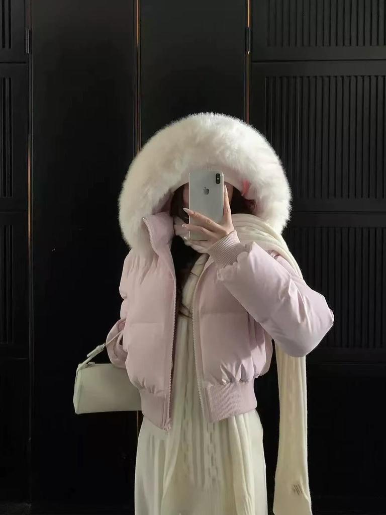 Women's Dark Blue Short Puffer Jacket with Big Fur Collar