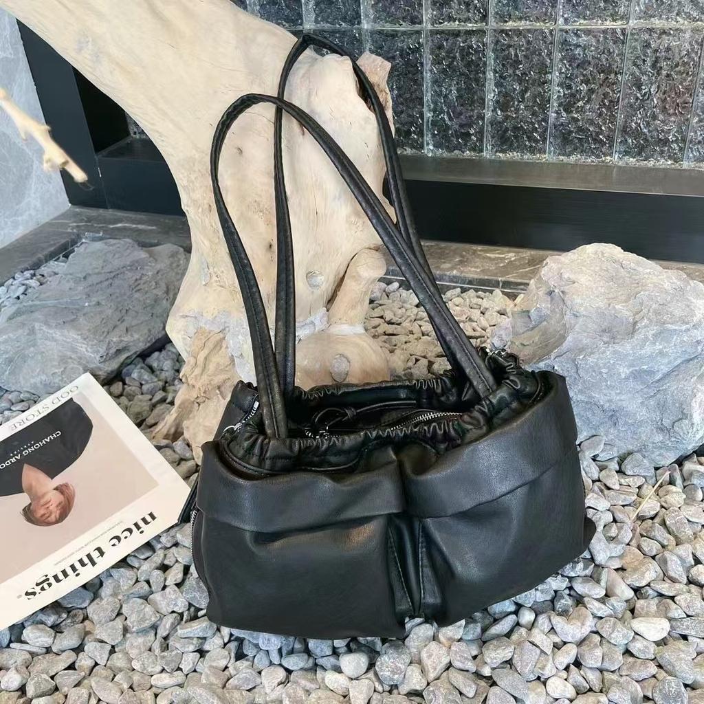 Women's Genuine Leather Bag Tote Backpack Pleated Female Bags Square Shoulder Large Capacity Multi-pocket Trend