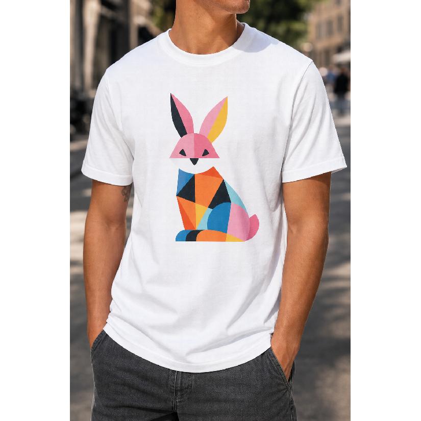 Plus Size - Men's T-Shirt S-5XL Featuring a Vibrant Geometric Rabbit Graphic Print - a Casual Short-Sleeve Round-Neck Top With a Relaxed Fit,