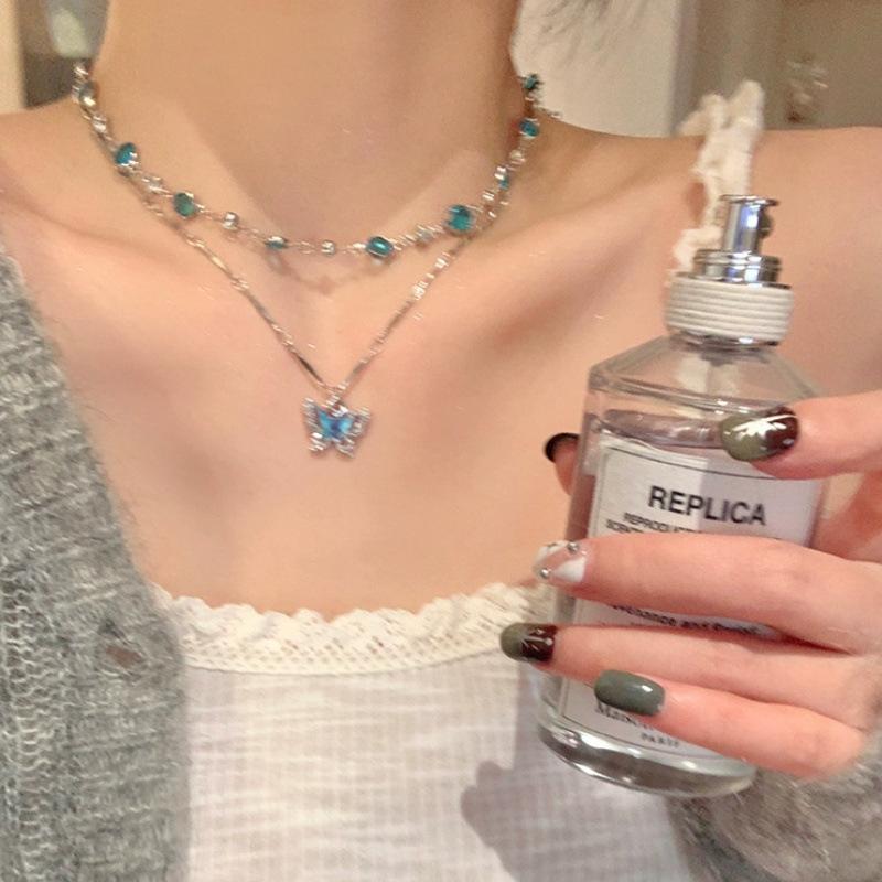 Blue Butterfly Tassel Necklace Female Is Sweet and Cool Spice Girl Tassel Design Stacked Collarbone Chain Niche Neck Chain Accessories