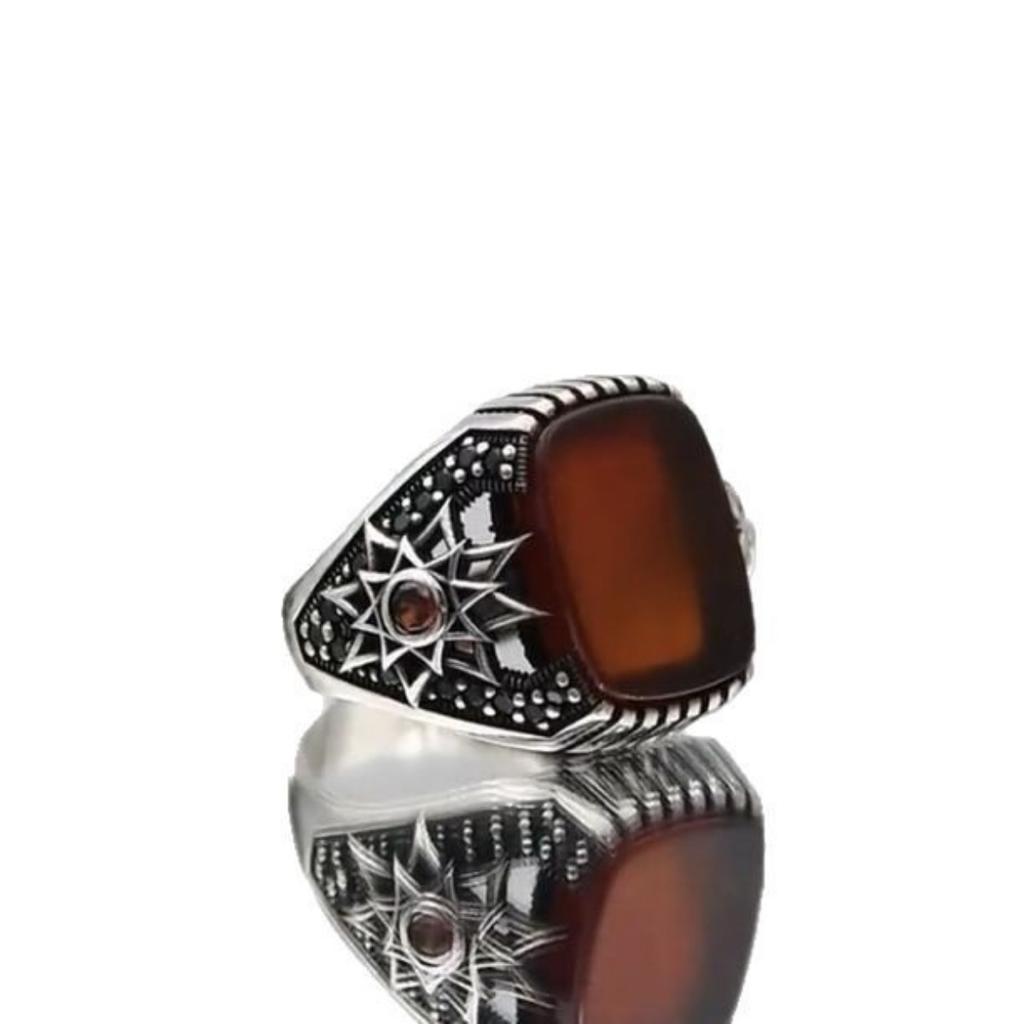 Luxury Direct Men's Alloy Inlaid Red Imitation Chalcedony Men's Ring, Punk Style Hand Jewelry