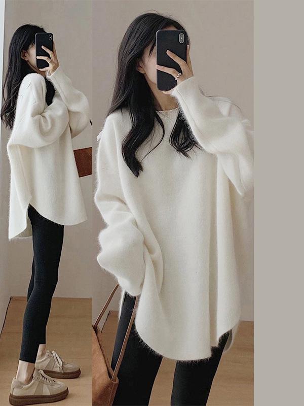 Dámský pulovr střední délky z mývalího sametu - Japonský ležérní styl, volný, silný úplet pro podzim a zimu