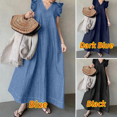 Women's Summer Denim Commuter V-Neck Loose Plus Size Long Dresses