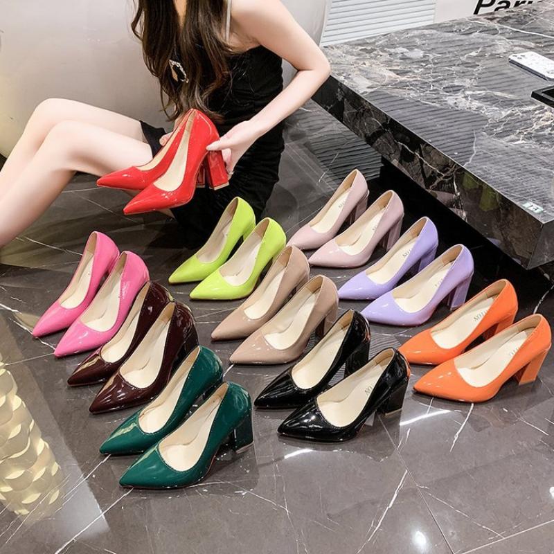 Glossy Patent Leather Versatile High Heels, Korean Style, All Seasons, Candy-colored Pointed Toe, Low-cut, Chunky Heel Women's Shoes