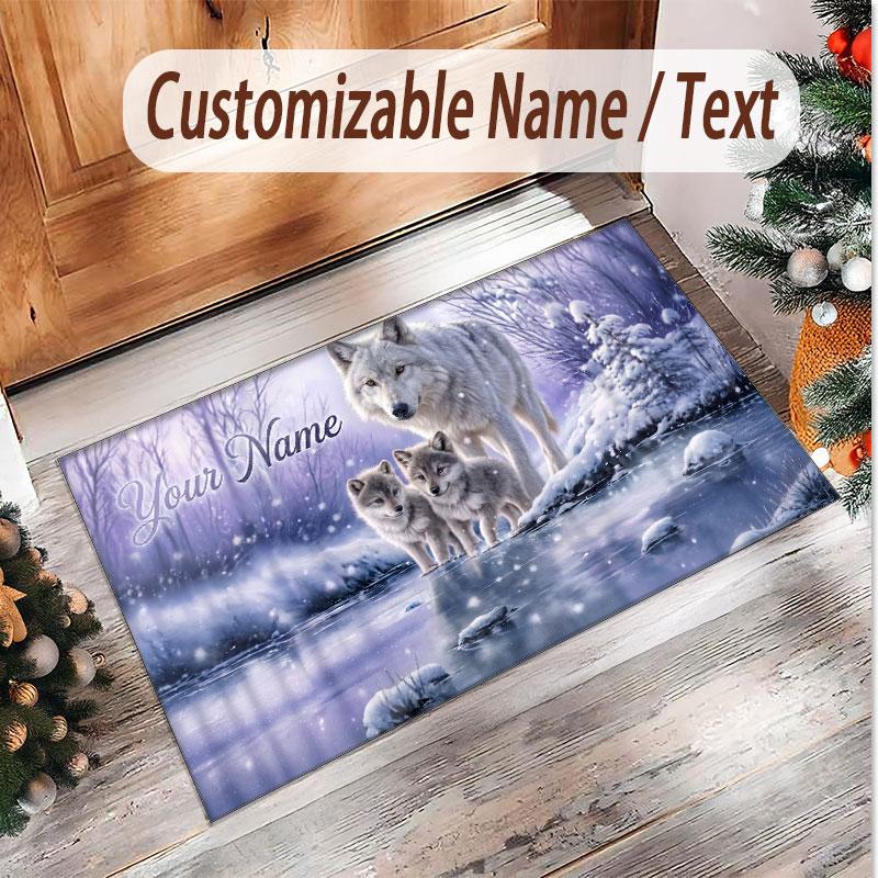 Wolf Theme Soft Crystal Velvet Rug Custom Name & Text Print Non Slip Floor Rug for Bedroom Living Room