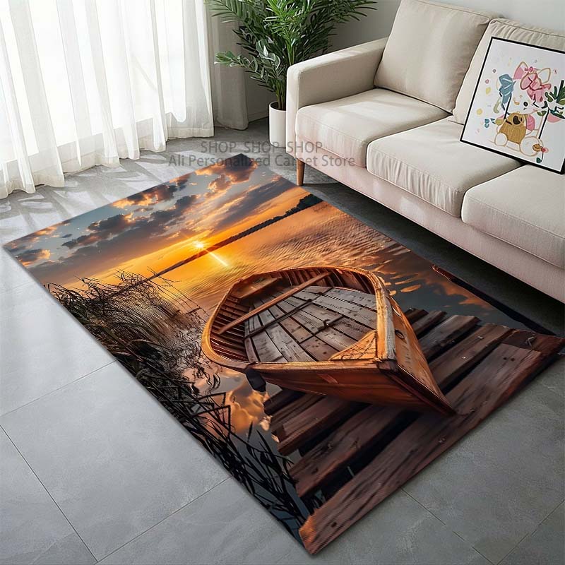 1PC Sunset Boat Scenery Pattern Carpet for Living Room Bedroom Sofa Home Decor Non-slip Floor Mat Large Size Washable
