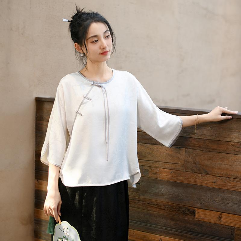 

Johnature Женские рубашки в китайском стиле из жаккарда, топы с круглым вырезом, блузки с семью рукавами, летние винтажные рубашки на пуговицах L светло-бежевый