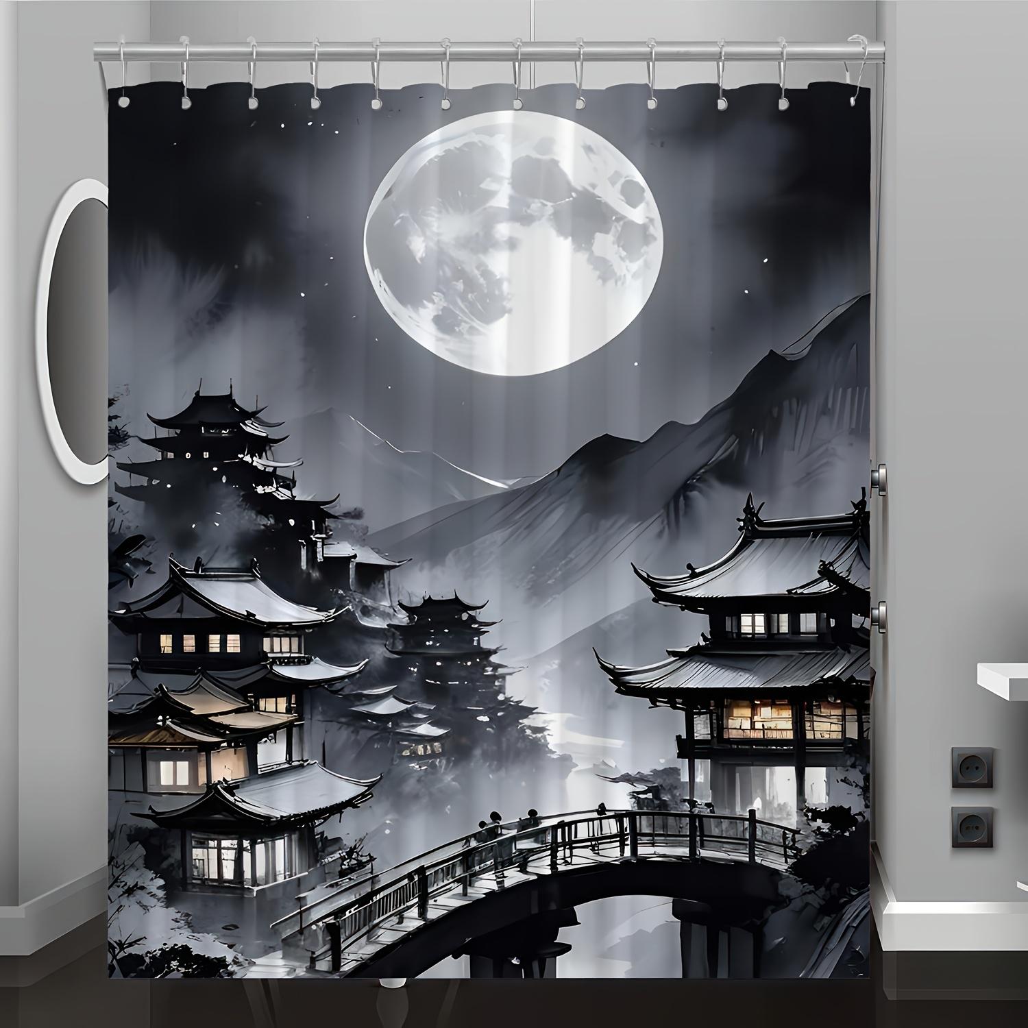 1pc Moonlit Mountain Pavilion Scenery Digital Print Shower Curtain, Bathroom Home Decor with Free Hooks, Machine Washable 90x180cm35x71in