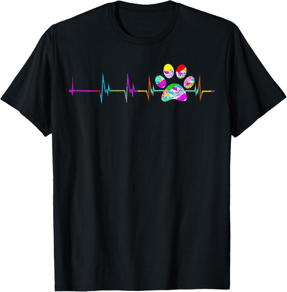 Dog Paw Print Heartbeat Shirt Women Girls Mom Love Dogs T-Shirt