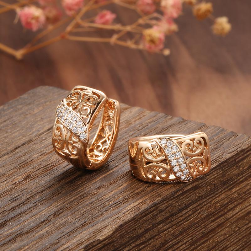 Ouro Rosé 585 Zircônia Joias Brincos Anel Conjunto de Joias de Duas Peças