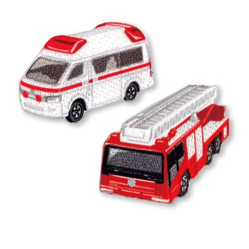 Pioneer Tomica Patches: Toyota Himedic Ambulance and Hino Fire Truck with Ladder (Morita Super Gyro Ladder) TOM650-TOM28