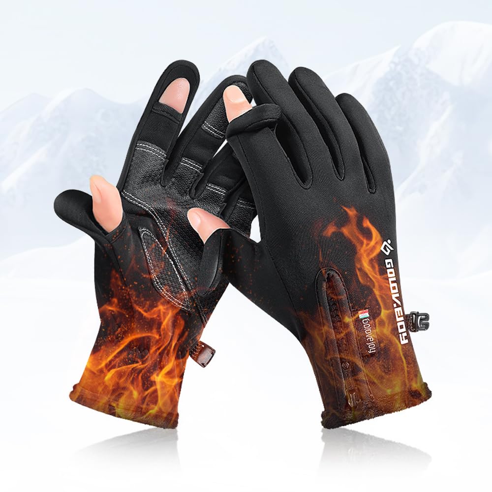Fishing with Wrist Support To Prevent Ideal for and Men and Women Gloves, Openable, Two-Finger Opening, Non-Slip, Warm, Fleece-Lined, Waterproof,
