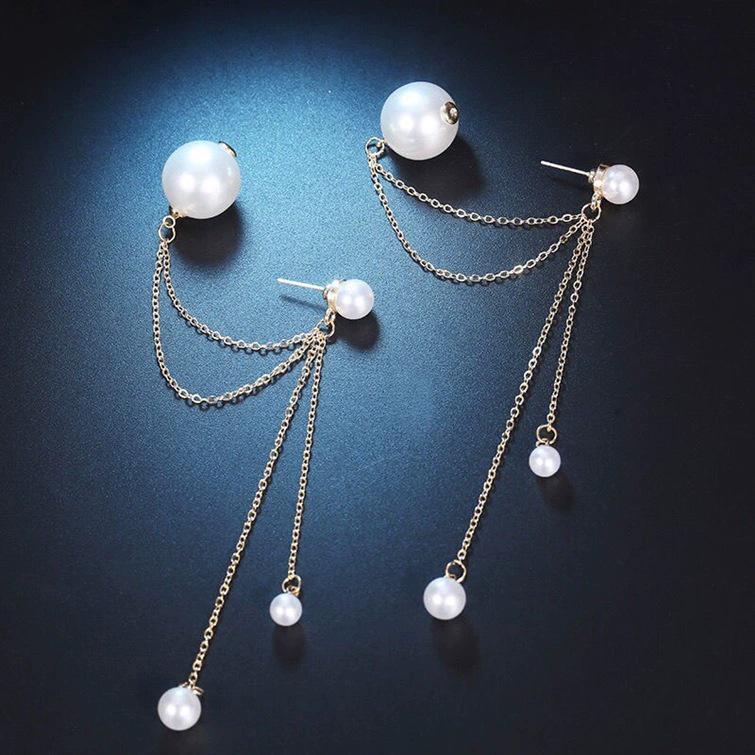 Korean Style Elegant Long Pearl Pendant Earrings for Women - S925 Sterling Silver Studs