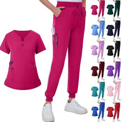 Women's Summer V-neck Zippered Loose Uniform With Pockets And Short Sleeves