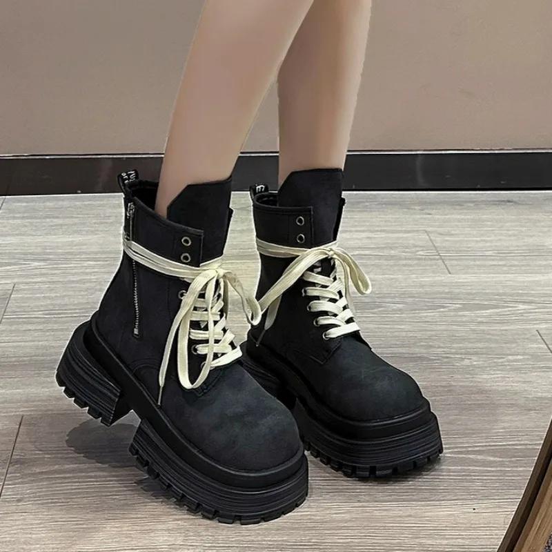 

Женские ботинки 2024 года, новые рыцарские ботинки на толстой подошве и каблуке, повседневные мотоциклетные ботинки Zapatos со шнуровкой в стиле панк на молнии 35 чёрный