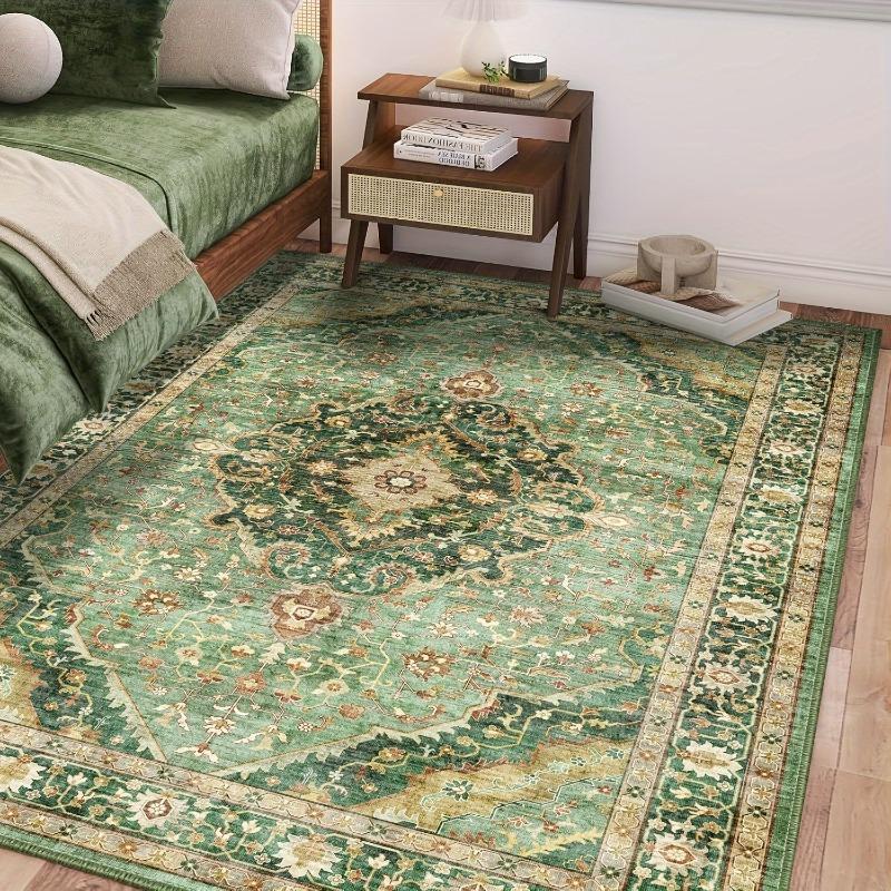 Large Bohemian Green Floral Area Mat, Holiday Home Accent | Floral Pattern Mat | Machinewashable Mat, Rugs for Living Room
