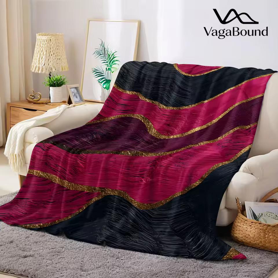 Magenta Gold Wave Paint Flannel Blanket Warm Soft Halloween Christmas Decorative Couch Warm Cozy All-Season Gift