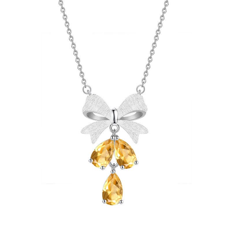 S925 Silver Brushed Bow Necklace Women's Light Luxury Tassel Natural Crystal Stone Pendant Premium Sense Clavicle Chain Gift